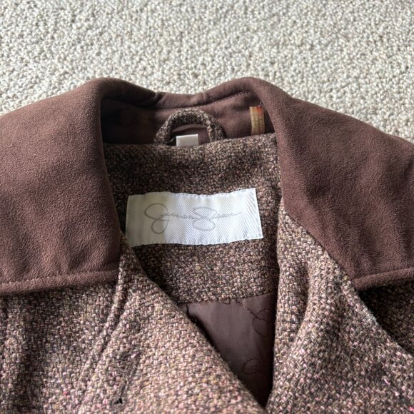 Jessica Simpson Tweed Coat M Brown Pink  Double Breasted Faux Suede Y2K Warm - Picture 9 of 12